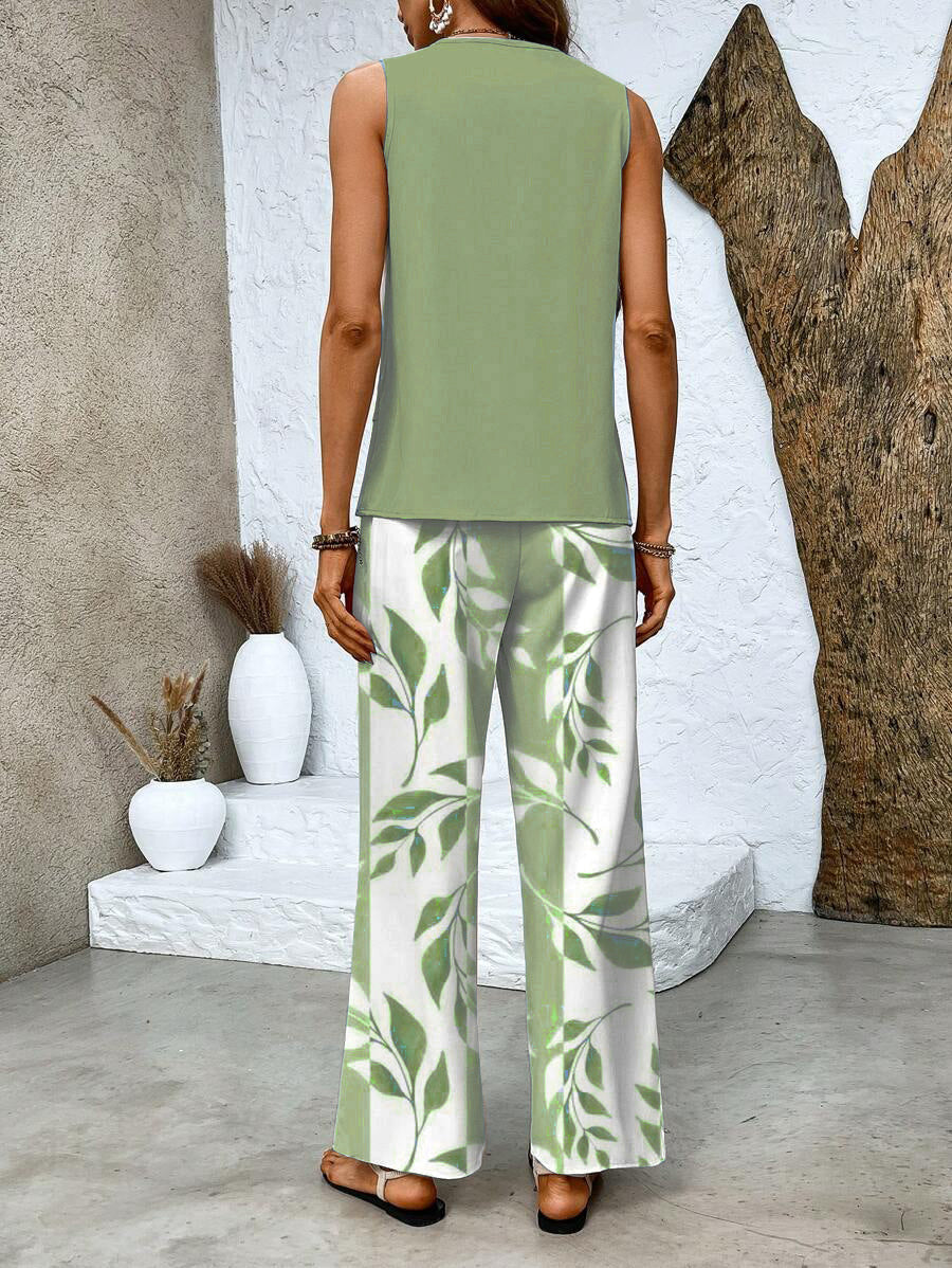 Green Plant Print Square Neck Two Piece Set