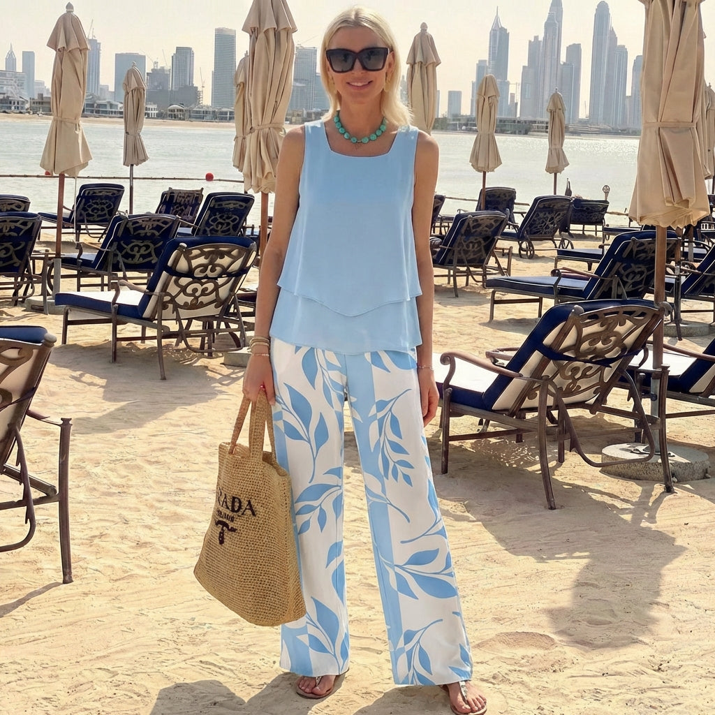 Blue Plant Print Square Neck Two Piece Set Limited stock. Be quick!