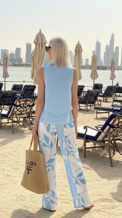 Blue Plant Print Square Neck Two Piece Set Limited stock. Be quick!