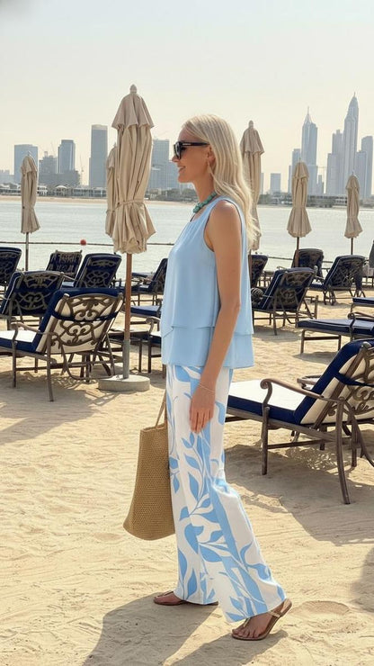 Blue Plant Print Square Neck Two Piece Set Limited stock. Be quick!